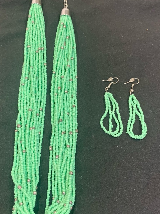 Jewelry - Green Beaded Multi-Strand Necklace and Earrings Set